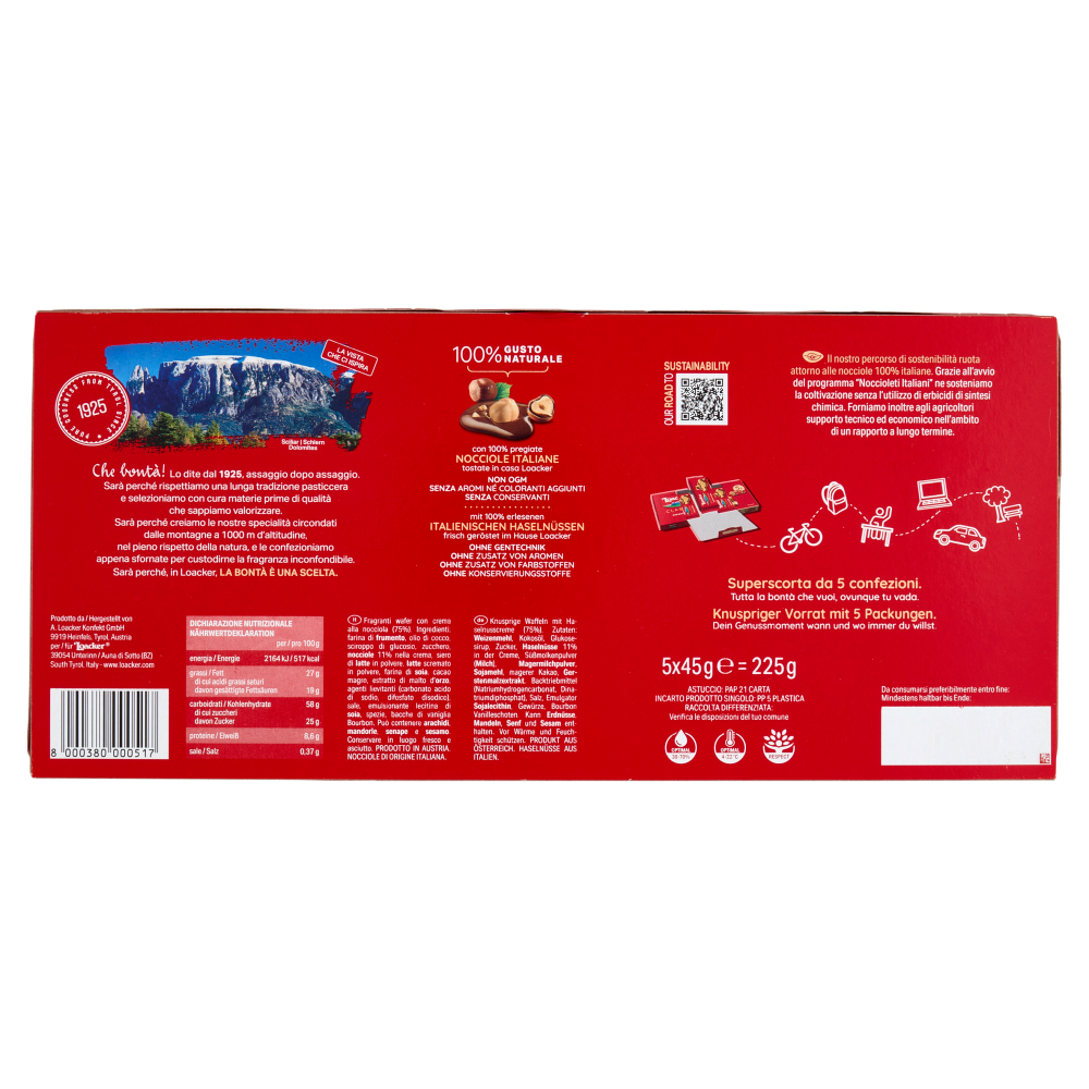 Loacker Classic Napolitaner Wafer con crema alle Nocciole 100% Italiane Wafers 45gx5