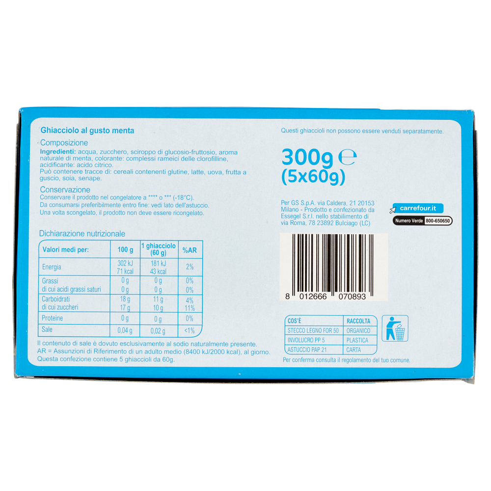 Carrefour Classic Ghiacciolo Gusto Menta 5 x 60 g