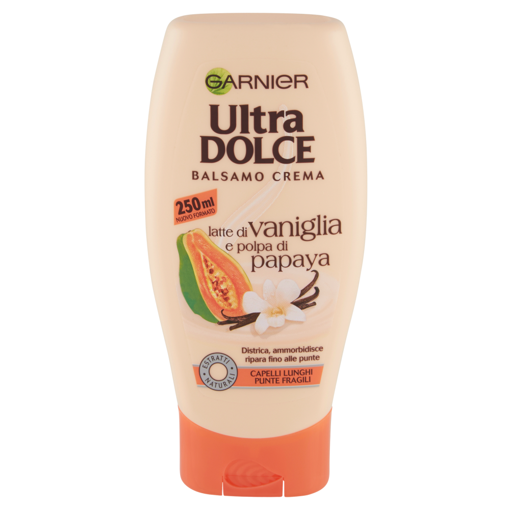 Garnier Ultra Dolce Balsamo al latte di Vaniglia e polpa Papaya per capelli lunghi e fragili, 250l