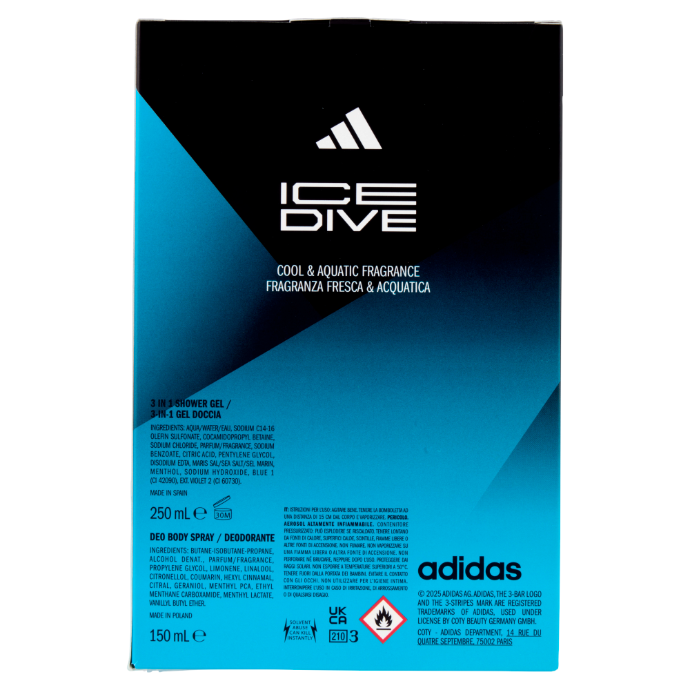 adidas Xmas25 Maschile Deodorante 150 ml + Shower Gel 250 ml Ice Dive