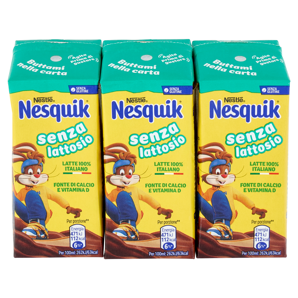 NESQUIK Pronto da Bere Senza Lattosio Latte e Cacao 3 Brick da 180ml