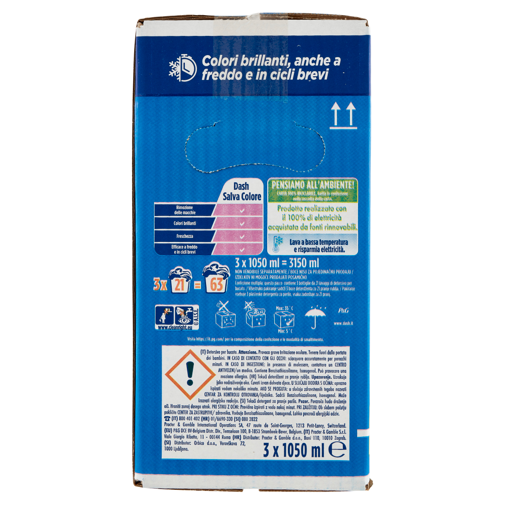 Dash Detersivo Liquido Lavatrice, Salvacolore, 3x21 Lavaggi=63 Lavaggi 3x1050ml