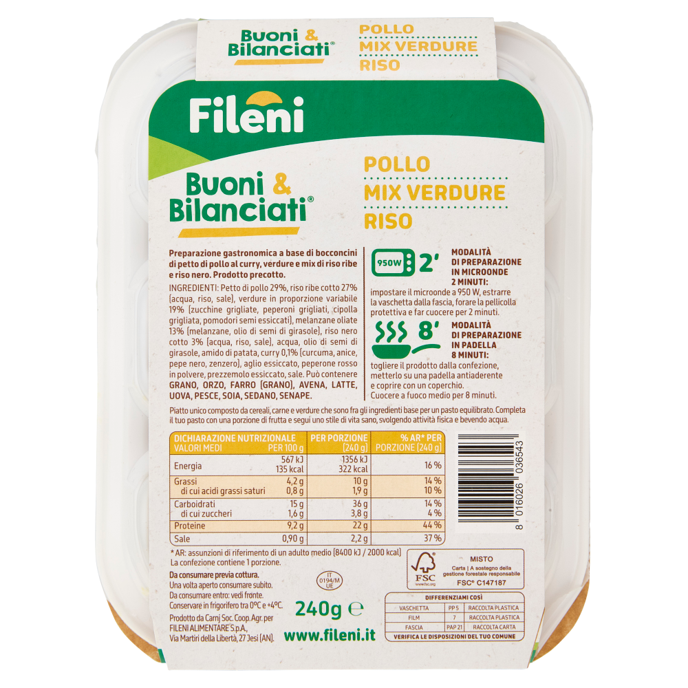 Fileni Buoni & Bilanciati Pollo al Curry, Mix di Verdure, Riso Ribe e Nero 240 g