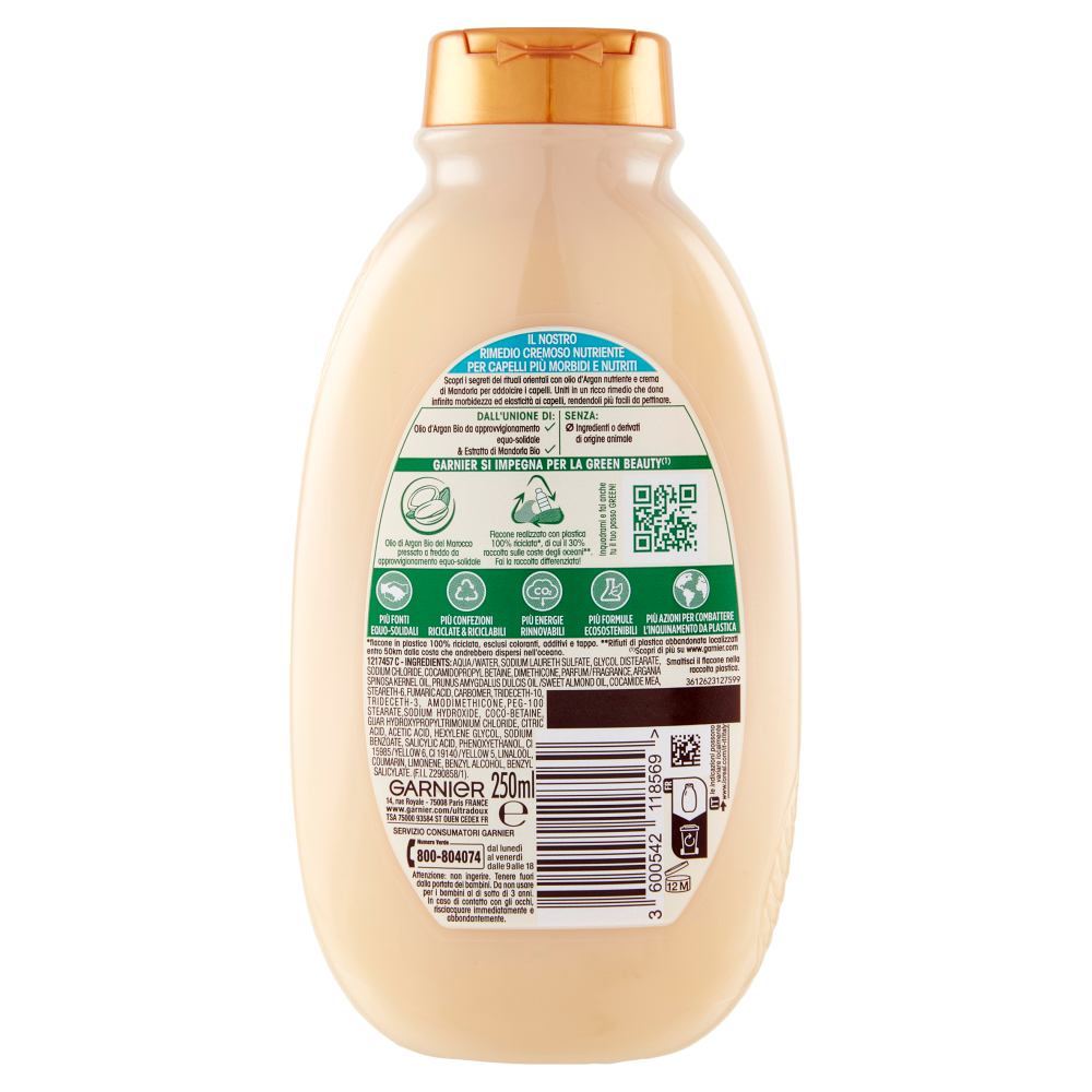 Garnier Ultra Dolce Shampoo con crema di Mandorla e Olio d'argan per capelli molto secchi, 250 ml