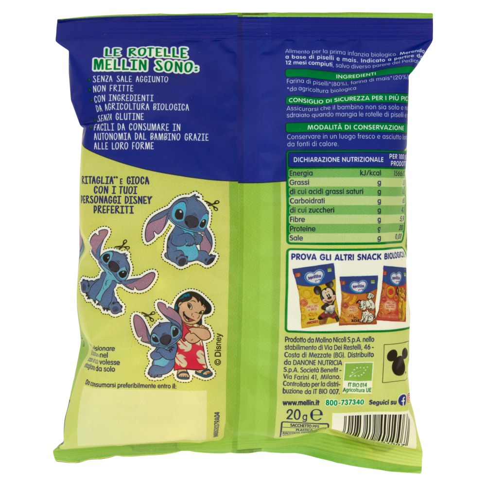 MELLIN Rotelle di Piselli&Mais Disney Stitch, Snack Biologico, Senza Glutine, adatto dai 12 mesi 20g