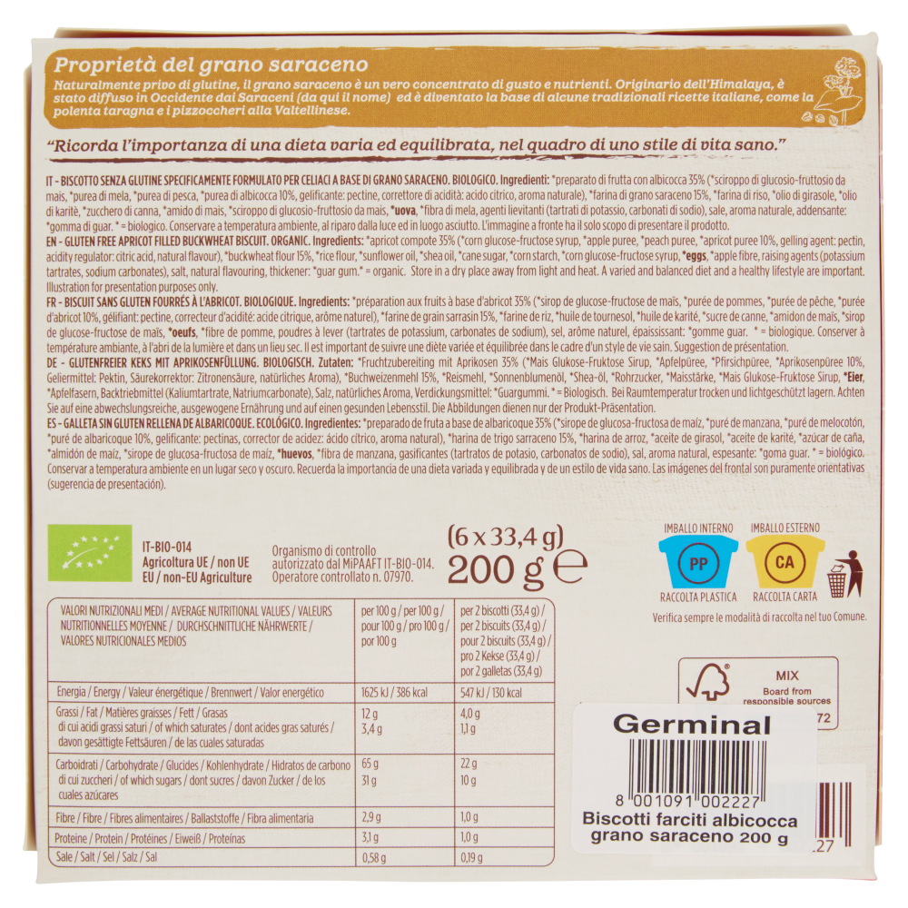 Germinal Bio Biscotti Albicocca Grano Saraceno Gluten Free 6 x 33,4 g