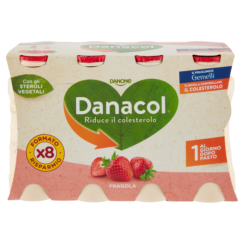 DANACOL Yogurt da bere, Riduce il Colesterolo grazie agli Steroli Vegetali, gusto Fragola, 8x100g