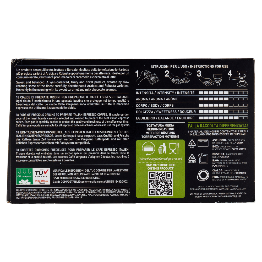 Caff&egrave; Vergnano 1882 Decaffeinato Cialda Compostabile 18 x 6,94 g