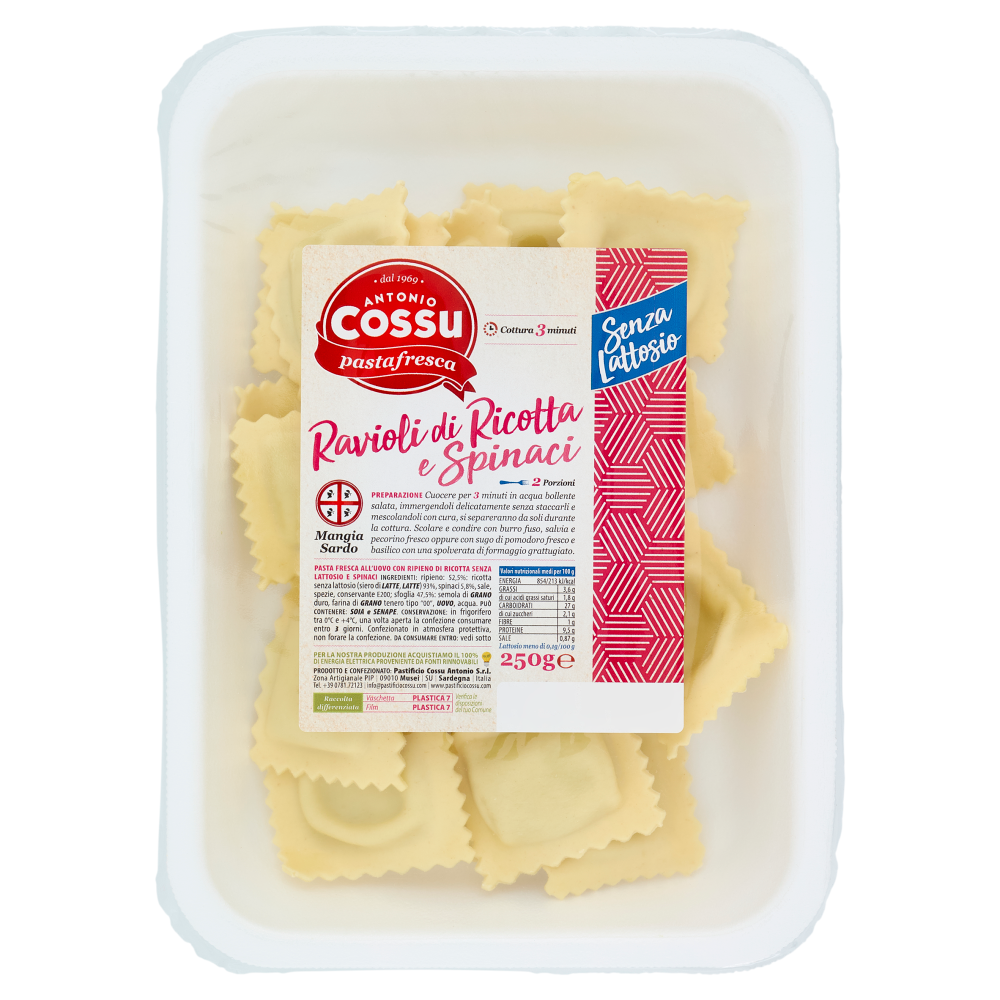 pastafresca Cossu Antonio Ravioli di Ricotta e Spinaci Senza Lattosio 250 g