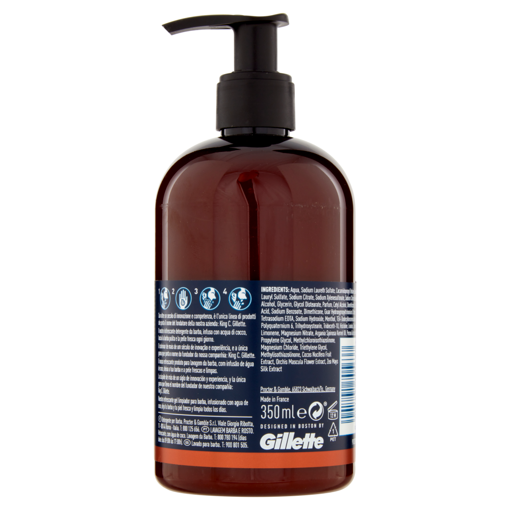 King C. Gillette Detergente Barba e Viso con Acqua di Cocco, Olio di Argan e Olio di Avocado 350 ml