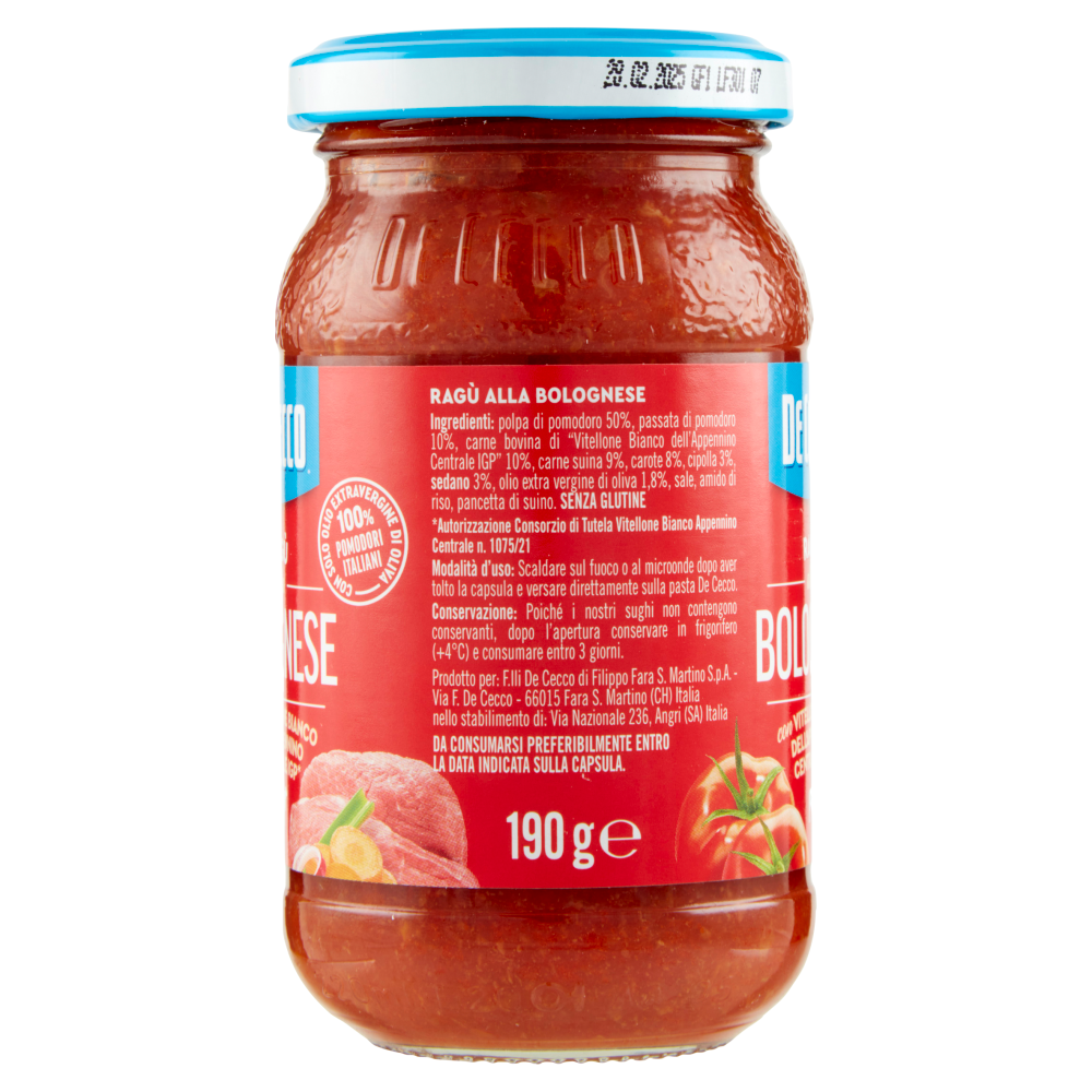 De Cecco Rag&ugrave; alla Bolognese con Vitellone Bianco dell'Appennino Centrale IGP* 190 g