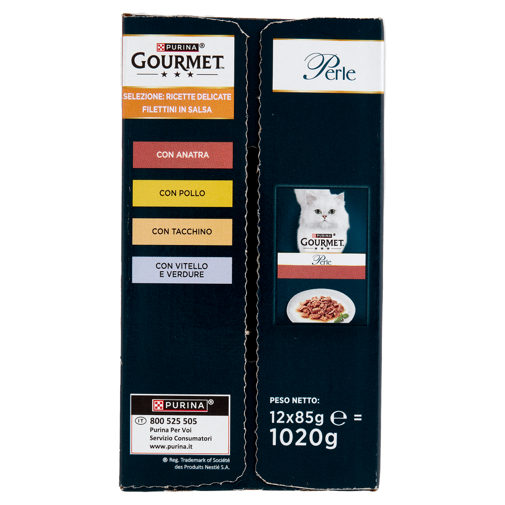 PURINA GOURMET Perle Ricette Delicate Filettini in Salsa Anatra, Pollo, Tacchino, Vitello 12x85g