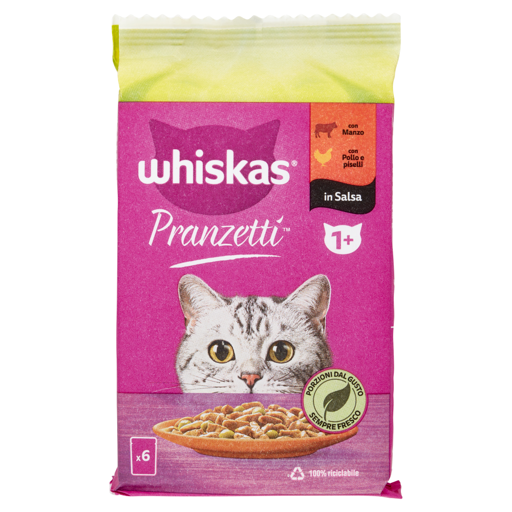 Whiskas Pranzetti con Manzo, con Pollo e piselli in Salsa 6 x 50 g