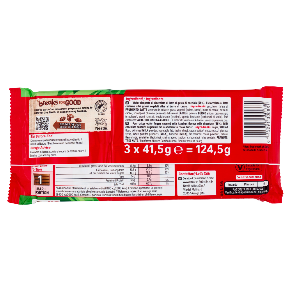 KITKAT Hazelnut Wafer ricoperto di Cioccolato al Latte al gusto Nocciola 3 Snack da 41,5g