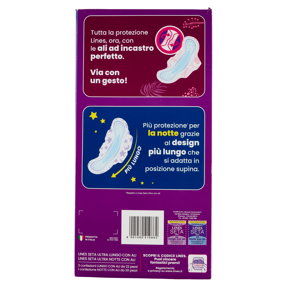 Lines Seta ultra Assorbenti lunghi con ali 66 pz + Assorbenti notte con ali 20 pz
