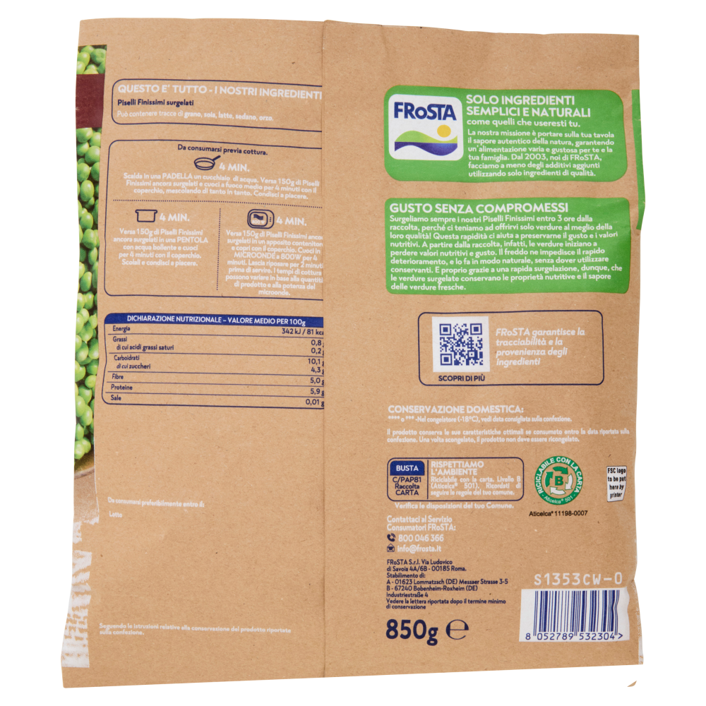 FRoSTA i Finissimi Piselli Piccoli e Teneri Surgelati 850 g