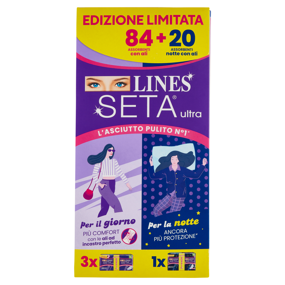 Lines Seta ultra Assorbenti con ali 84 pz + Assorbenti notte con ali 20 pz