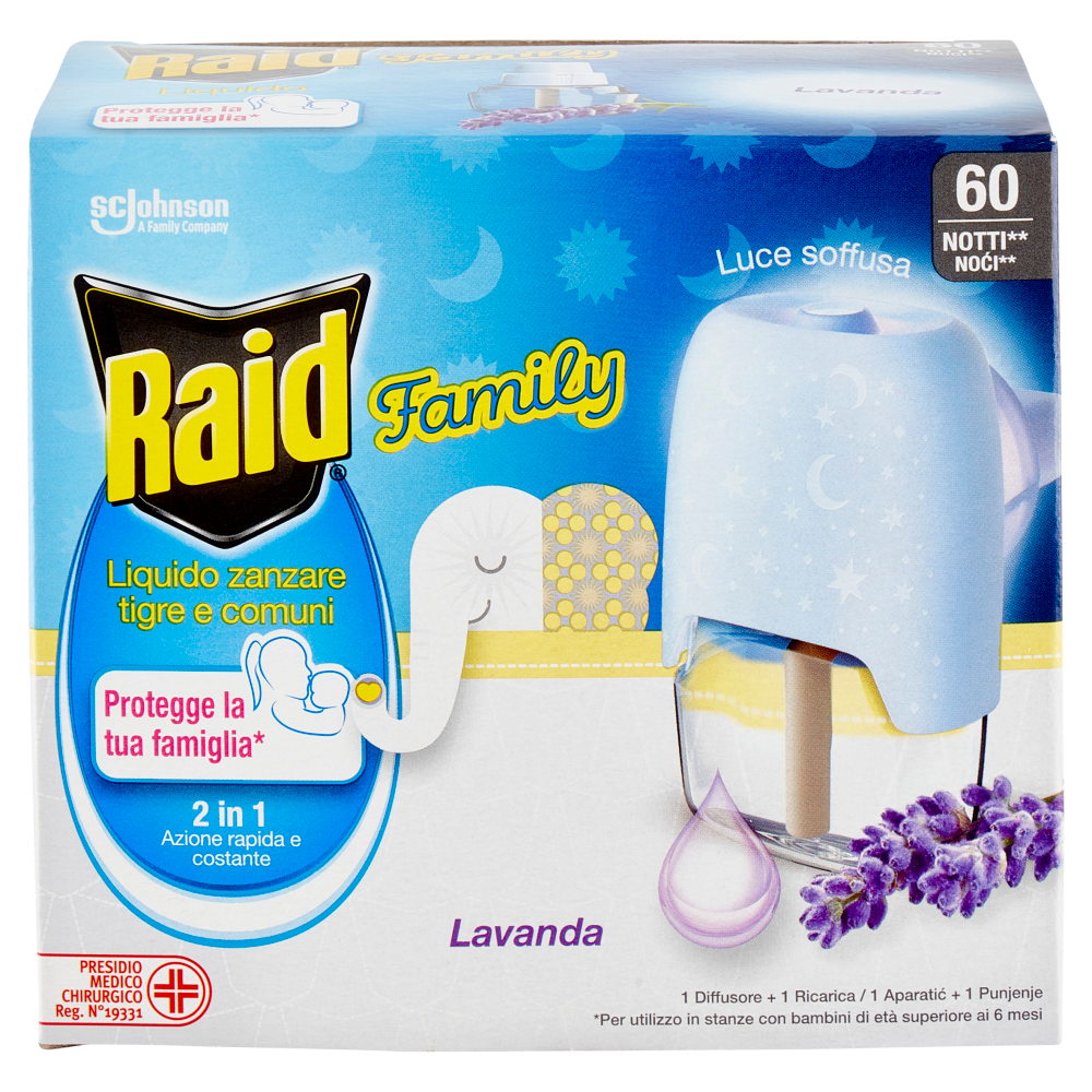 Raid Liquido Family Base e Ricarica, 60 Notti, Lavanda 36 ml