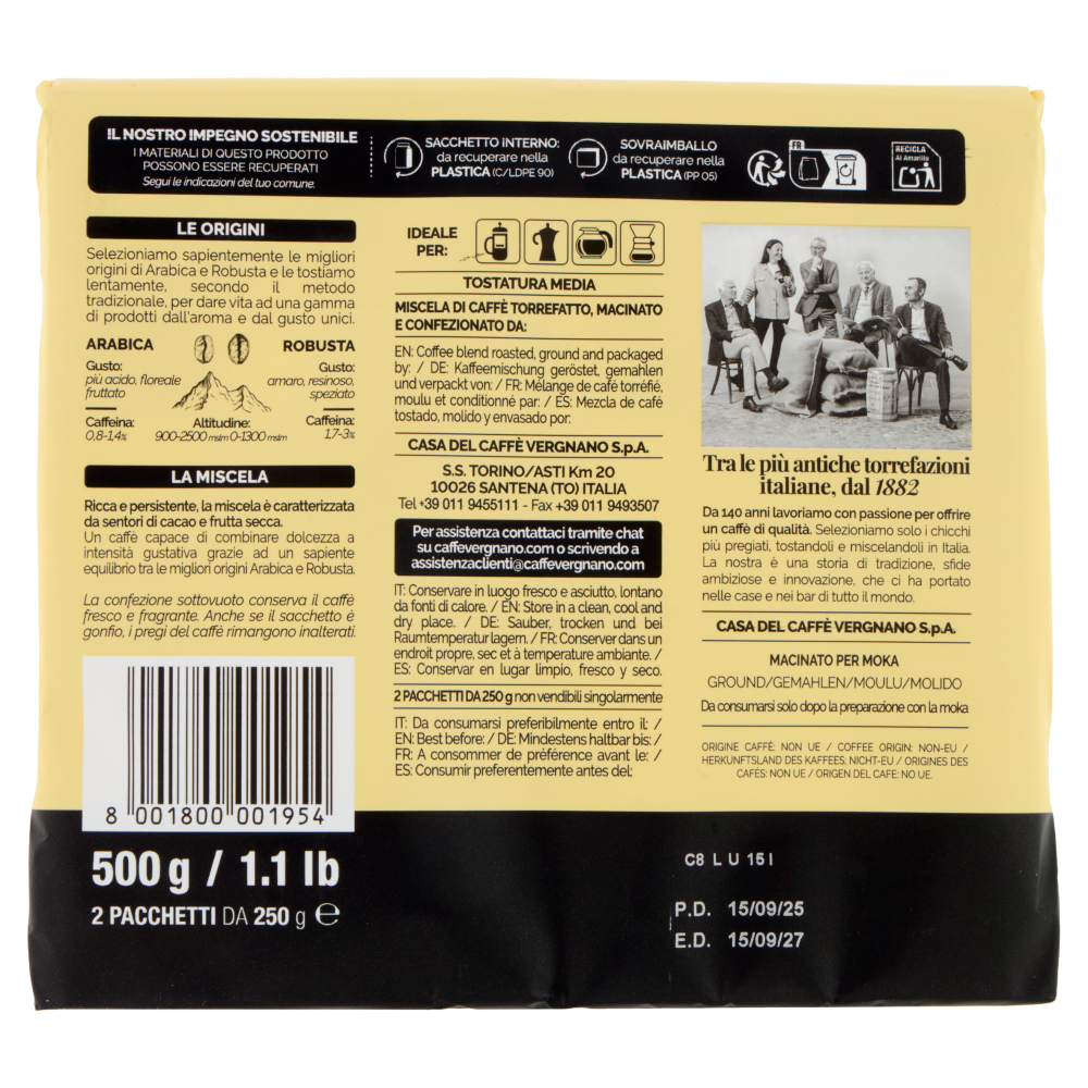Caffè Vergnano 1882 Granaroma Miscela Classica Macinatura Moka 2 x 250 g