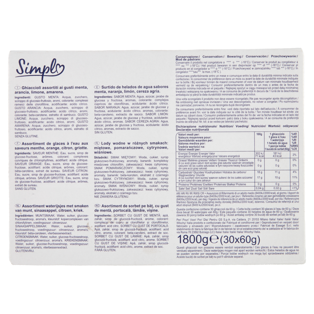 Simpl 30 Ghiaccioli ai gusti di menta, arancia, limone, amarena 30 x 60 g