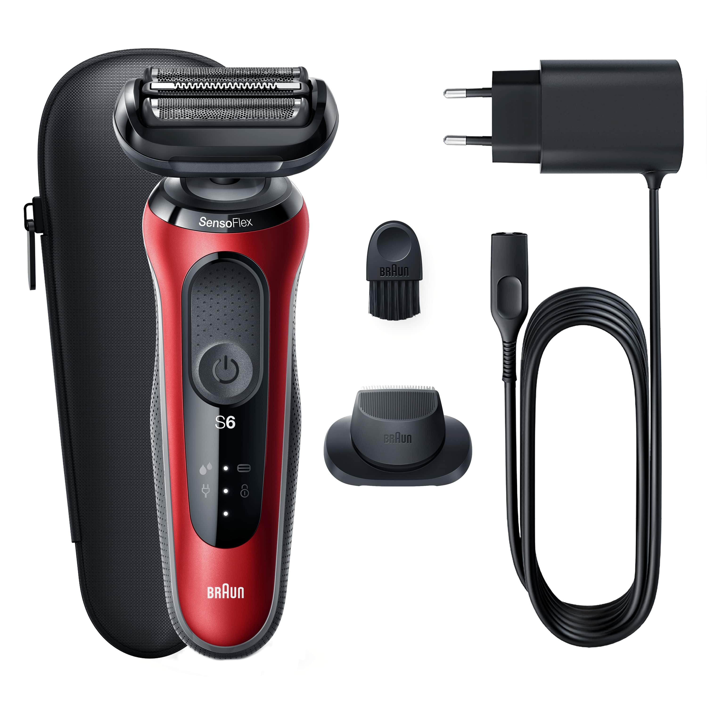 Braun Series 6 61-R1200s Rasoio Elettrico Uomo Con Accessorio Rifinitore Di Precisione EasyClick, SensoFlex, Wet&Dry, Ricaricabile, Rasoio A Lamina Senza Fili, Rosso