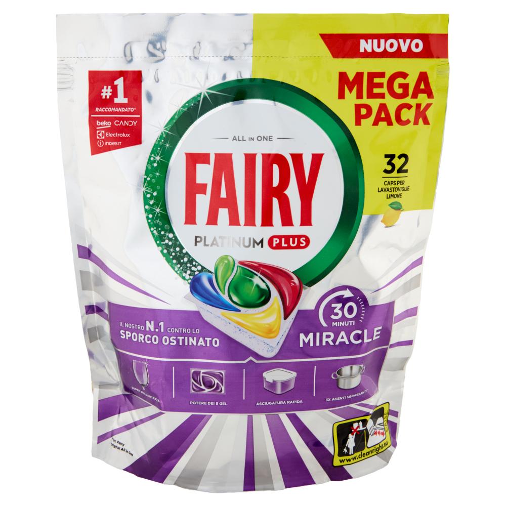 Fairy Pastiglie Lavastoviglie Platinum Plus All in One Miracle Detersivo Piatti Limone 32 Caps 527 g