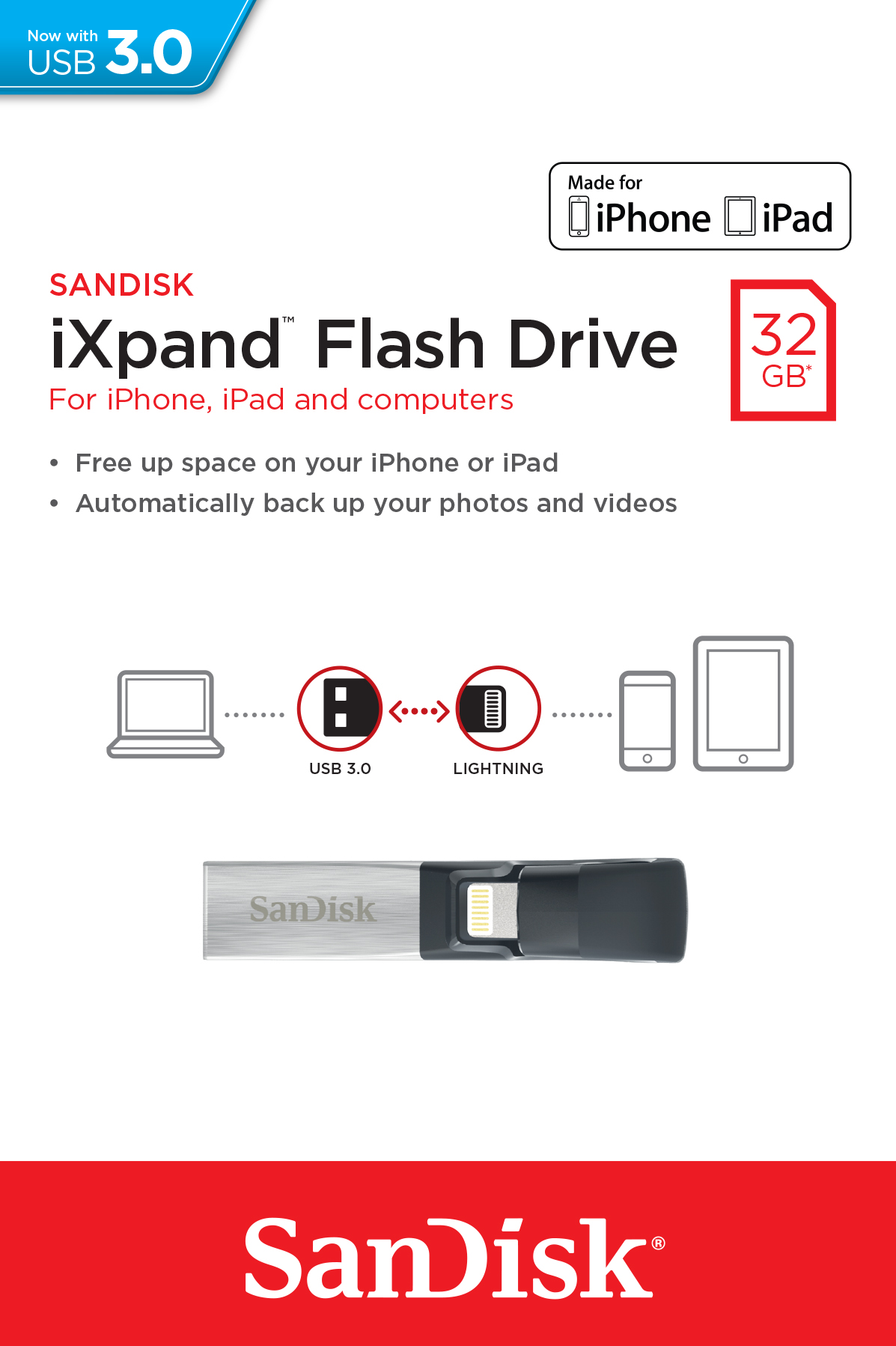 SanDisk iXpand unità flash USB 32 GB USB Type-A / Lightning 3.2 Gen 1 (3.1 Gen 1) Nero, Argento