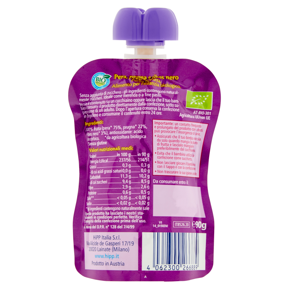 HiPP Biologico Frutta Frullata Pera, prugna e ribes nero 90 g