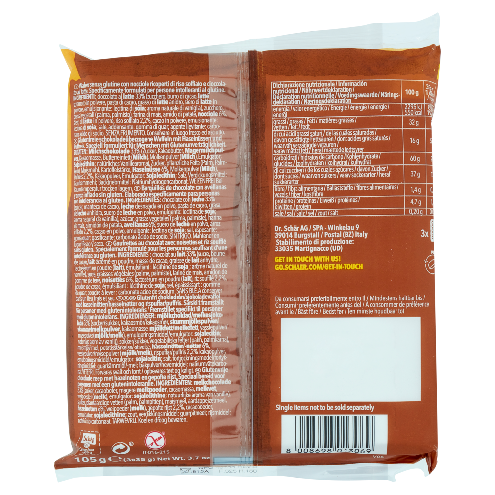 Schär Gluten-free Crisp Bar Milk Chocolate 3 x 35 g