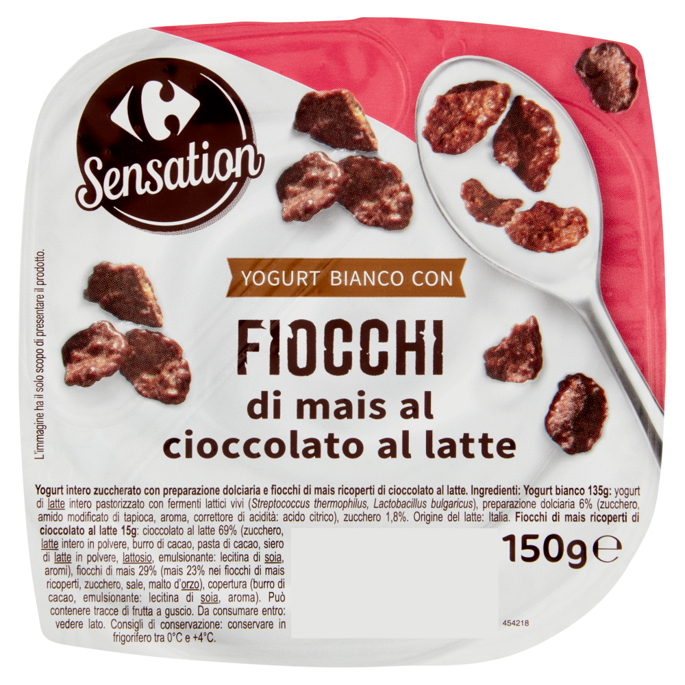 Carrefour Sensation Yogurt Bianco con Fiocchi di mais al cioccolato al latte 150 g
