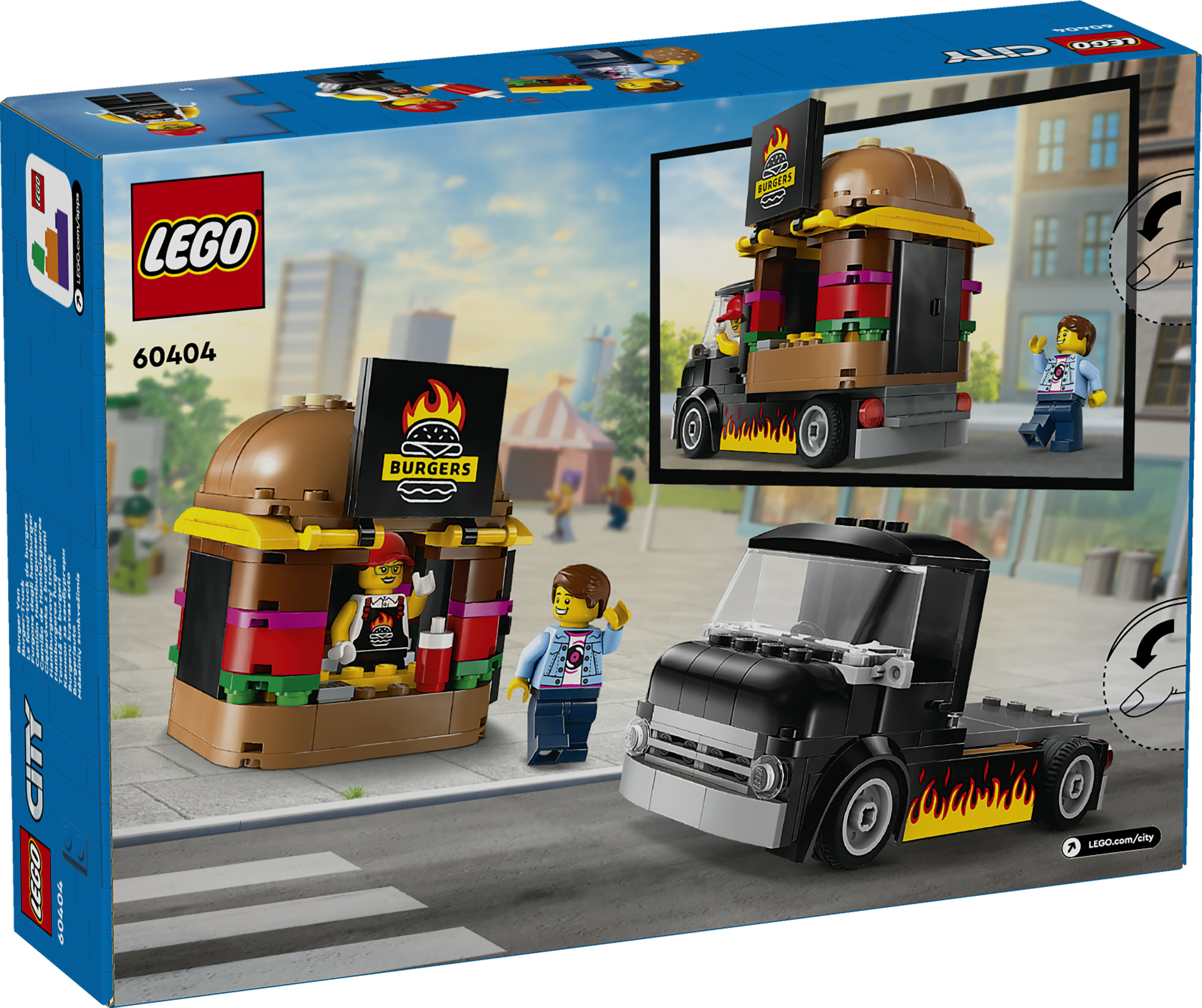 LEGO City 60404 Furgone degli Hamburger Giocattolo, Veicolo per Bambini da 5+, Camion Food Truck con Accessori e 2 Minifigure