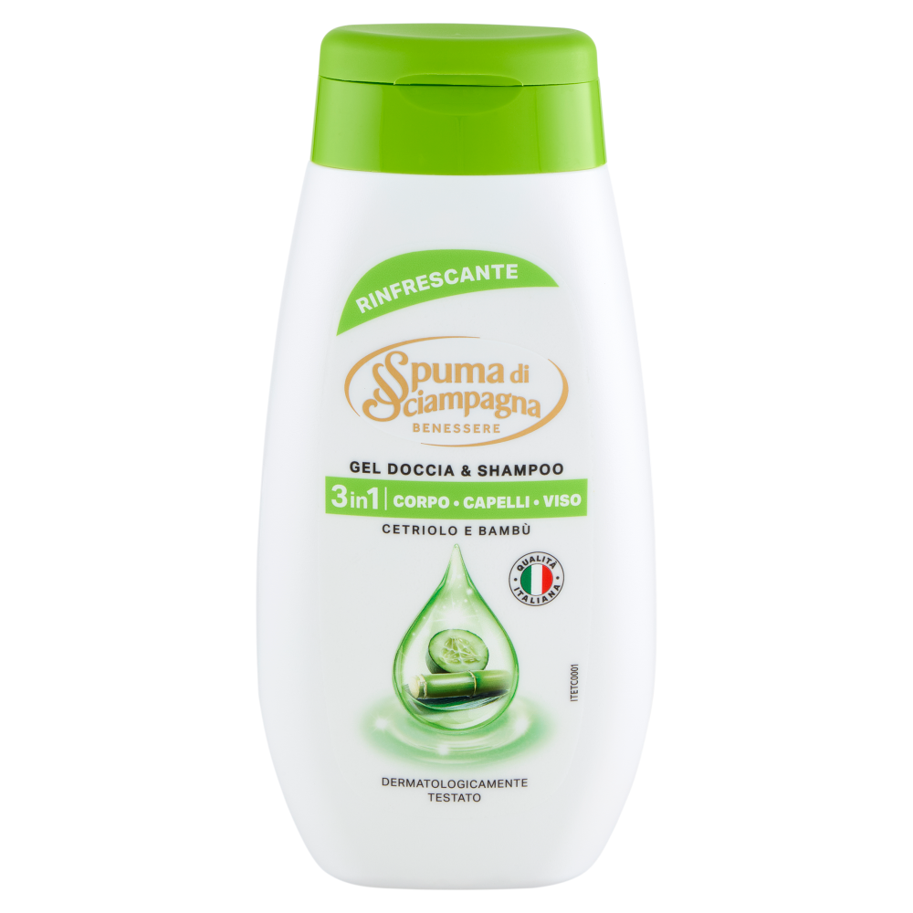 Spuma di Sciampagna Benessere Gel Doccia & Shampoo Rinfrescante Cetriolo e Bambù 250 ml