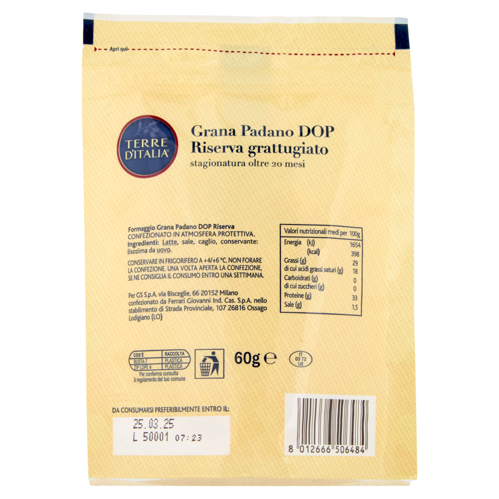 Terre d'Italia Grana Padano DOP Riserva grattugiato stagionatura oltre 20 mesi 60 g