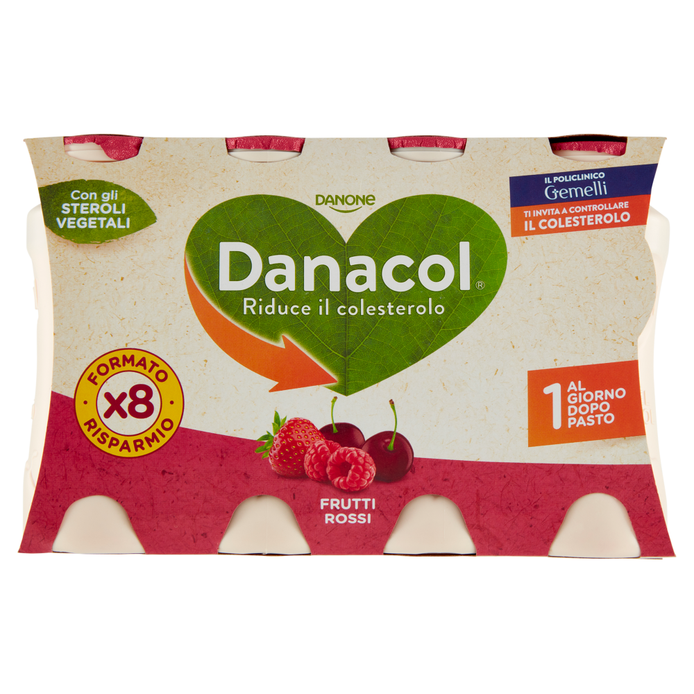 DANACOL Yogurt da bere, Riduce il Colesterolo grazie agli Steroli Vegetali, Frutti Rossi, 8x100g