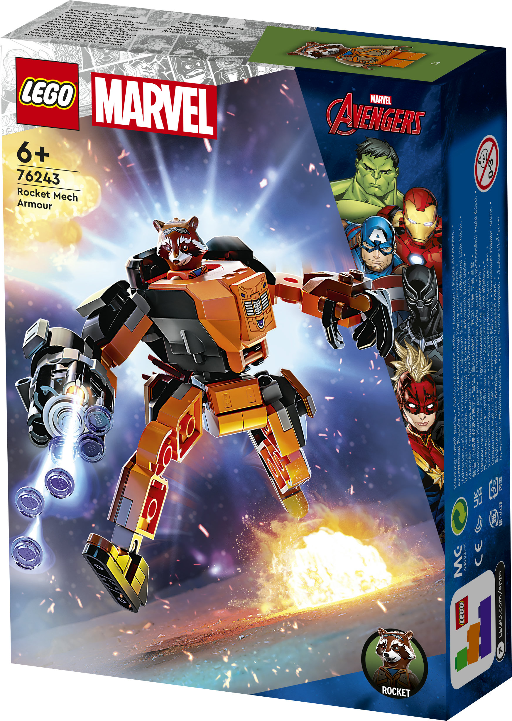 LEGO Marvel Avengers Marvel 76243 Armatura Mech Rocket, Action Figure Supereroe Guardiani della Galassia, Idea Regalo Avengers per Bambini