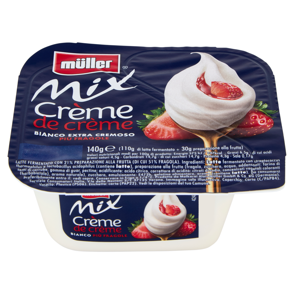 m&uuml;ller Mix Cr&egrave;me de cr&egrave;me Bianco Extra Cremoso Pi&ugrave; Fragole 140 g