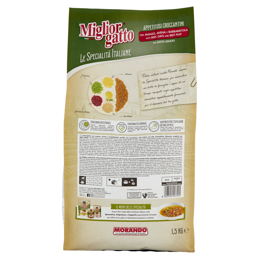 Migliorgatto Le Specialità Italiane Appetitosi Croccant. Manzo,Avena,Barbabietola Gatto Adulto 1,5KG