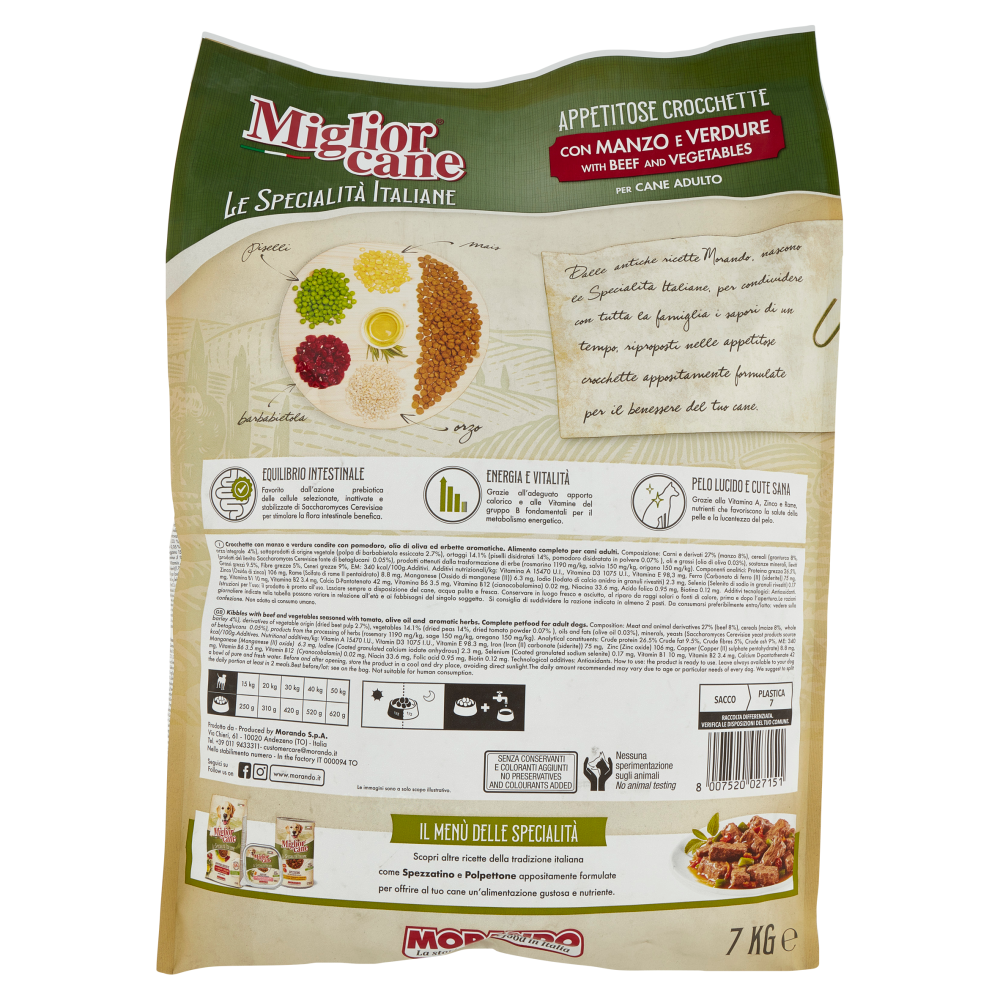 Migliorcane Le Specialit&agrave; Italiane Appetitose Crocchette con Manzo e Verdure per Cane Adulto 7 KG