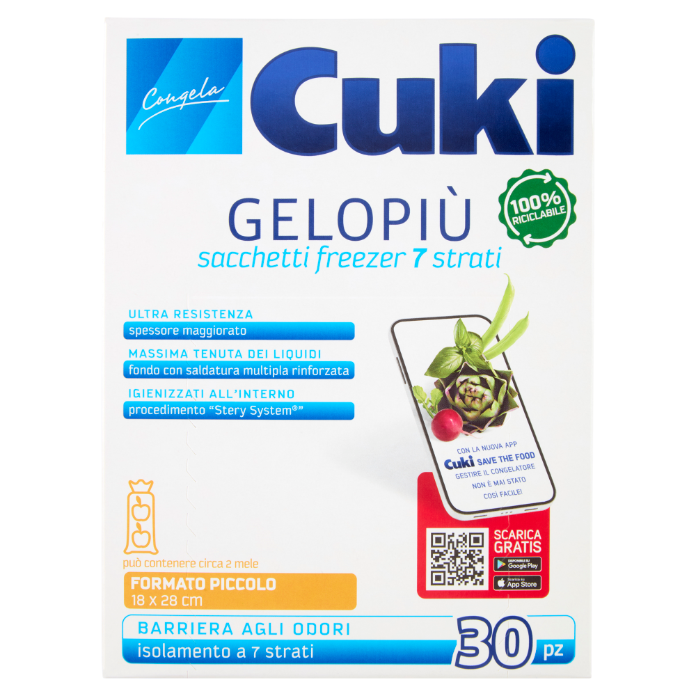Cuki Congela Gelopiù sacchetti freezer 7 strati Formato Piccolo 18 x 28 cm 30 pz