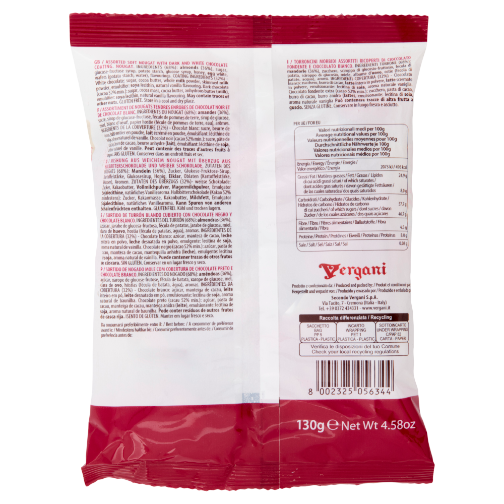 Vergani Bonny Torroncini morbidi assortiti ricoperti di cioccolato fondente e bianco 130 g