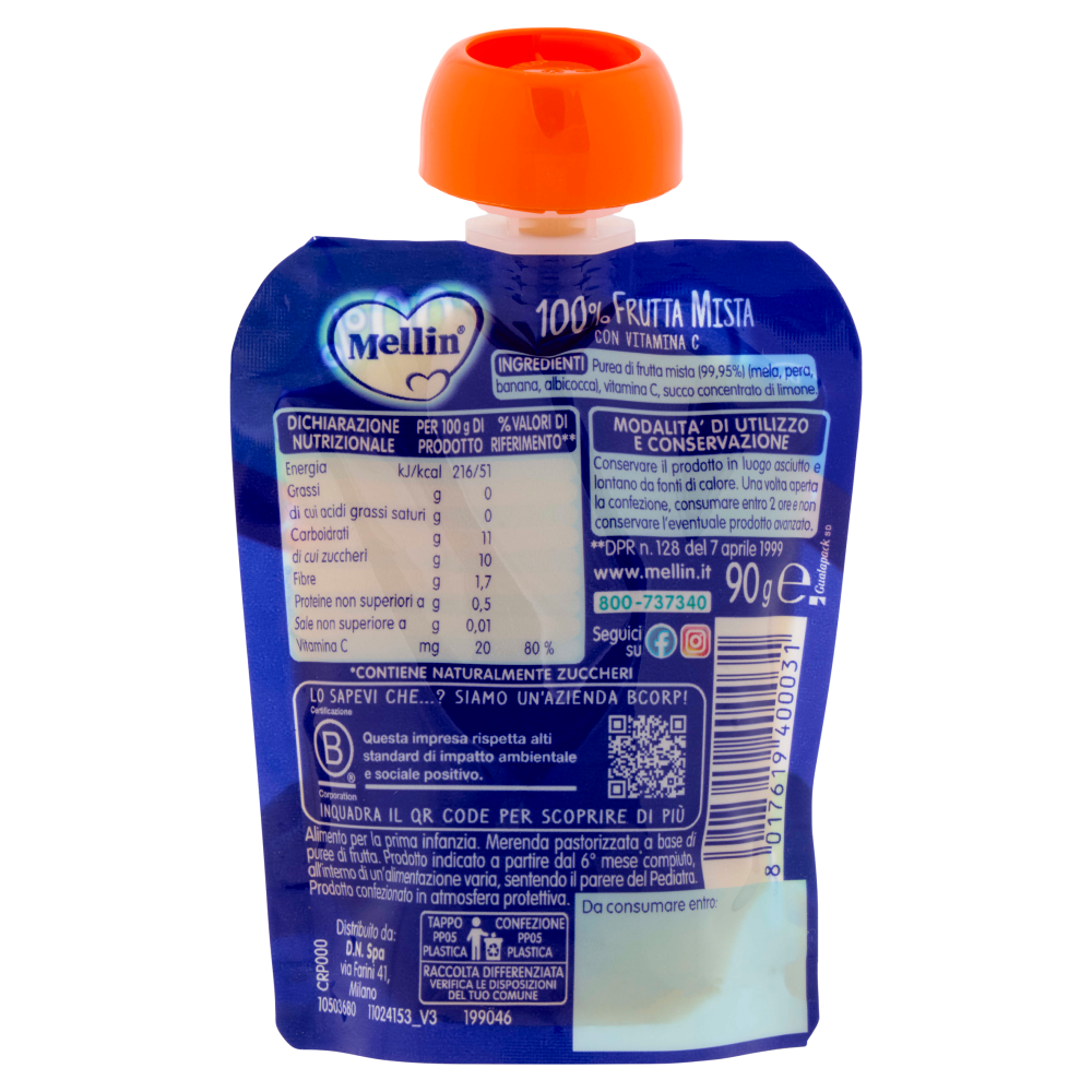 MELLIN Merenda di Frutta 100% Frutta Mista con Mela, Pera, Banana Albicocca, dal 6° mese, Pouch 90 g
