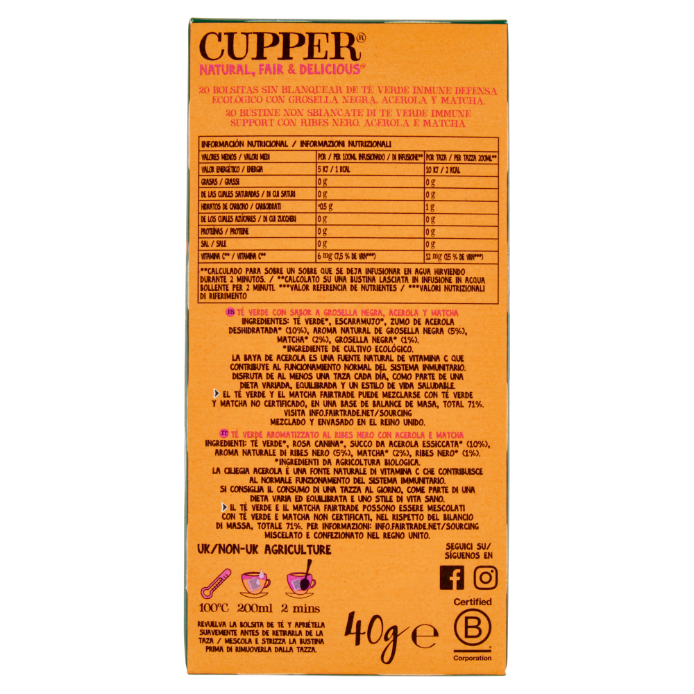 CUPPER Tè Verde Immune Support Biologico Fairtrade con Ribes Nero, Acerola e Matcha, 20 bustine 40 g