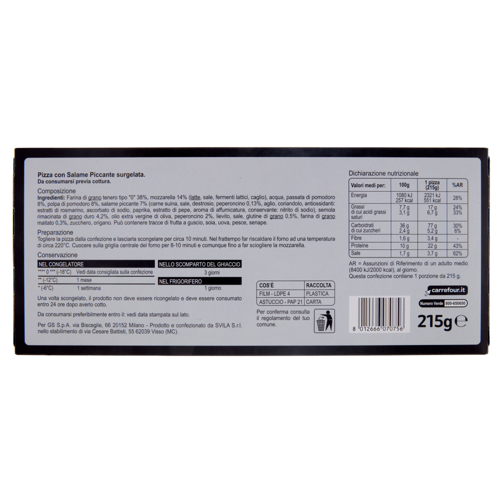 Carrefour Extra Pizza Salame Piccante Formato Pala Surgelata 215 g