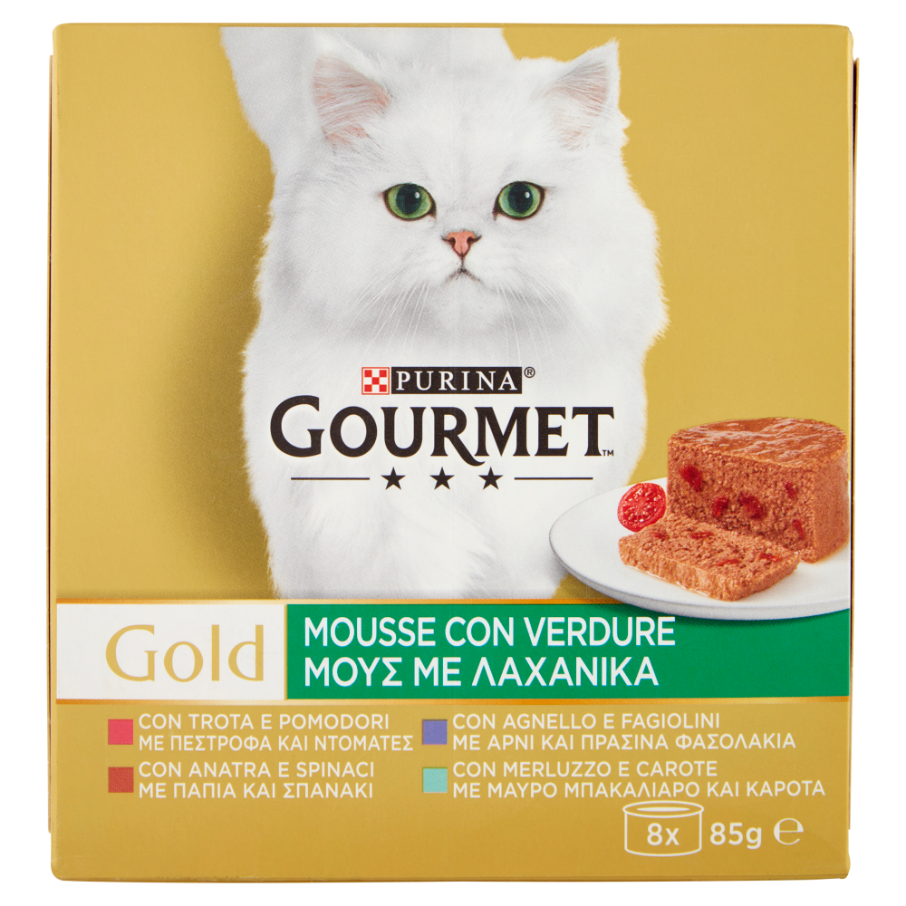 PURINA GOURMET Gold Mousse Verdure Trota&Pom/Anatra&Spinaci/Agnello&Fagiolini/Merluzzo&Carote 8x85g