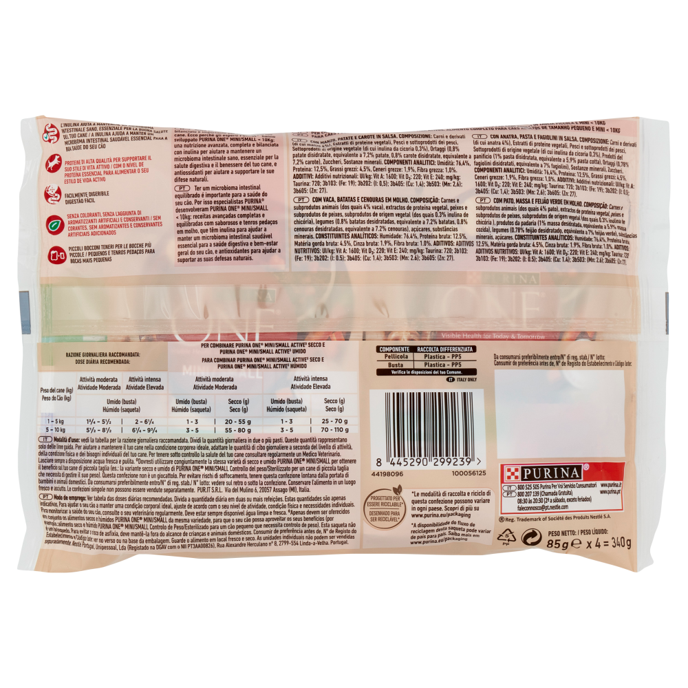 PURINA ONE Mini/Small Active Manzo e Anatra in Salsa 4 x 85 g 