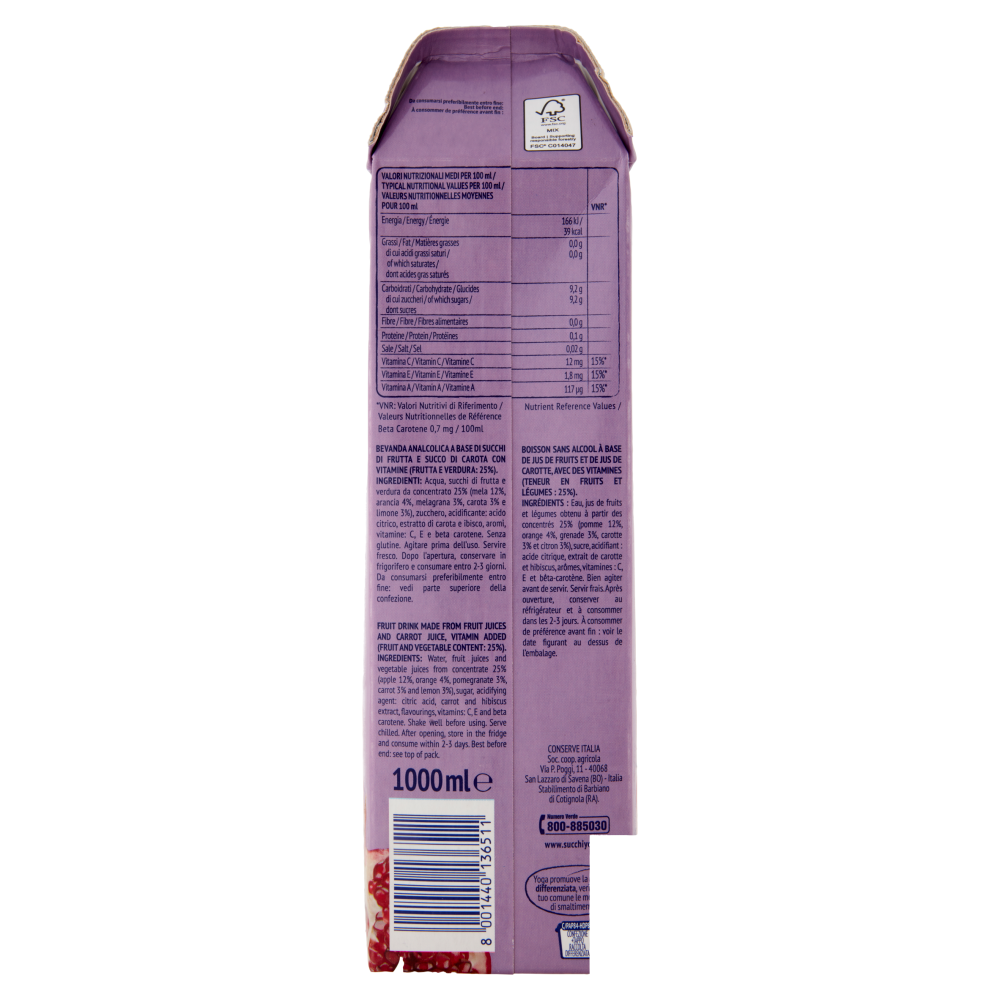 Yoga ACE Viola Melagrana Arancia Carota Limone con Vitamine 1000 ml