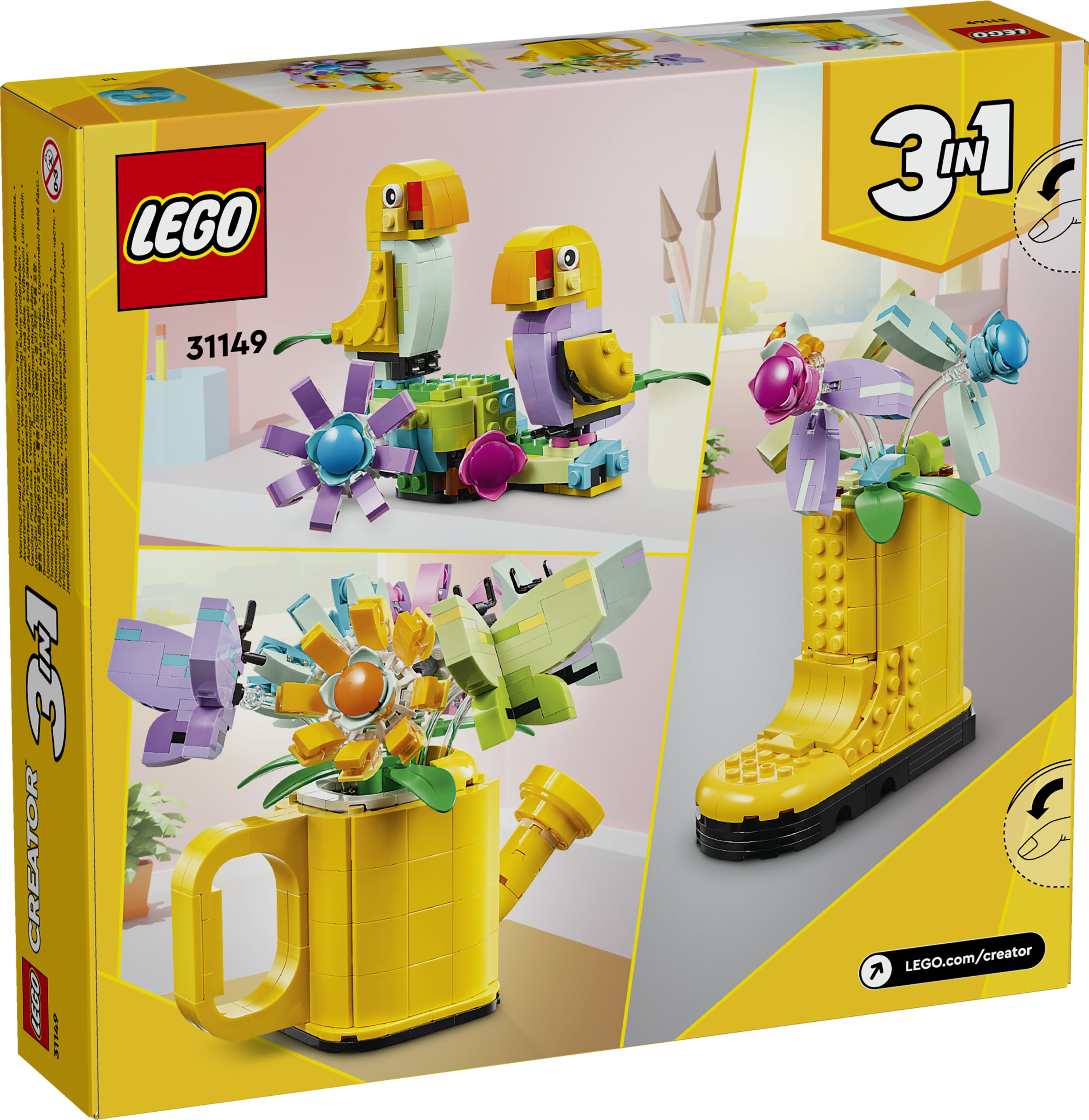 LEGO Creator 31149 3in1 Innaffiatoio con Fiori Finti Trasformabile in Stivale o in 2 Uccelli con Trespolo, Giochi per Bambini 8+