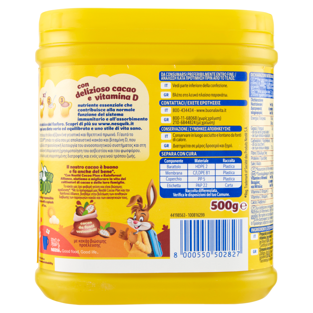 NESQUIK Preparato Solubile per Bevanda con Cacao Magro barattolo 500 g