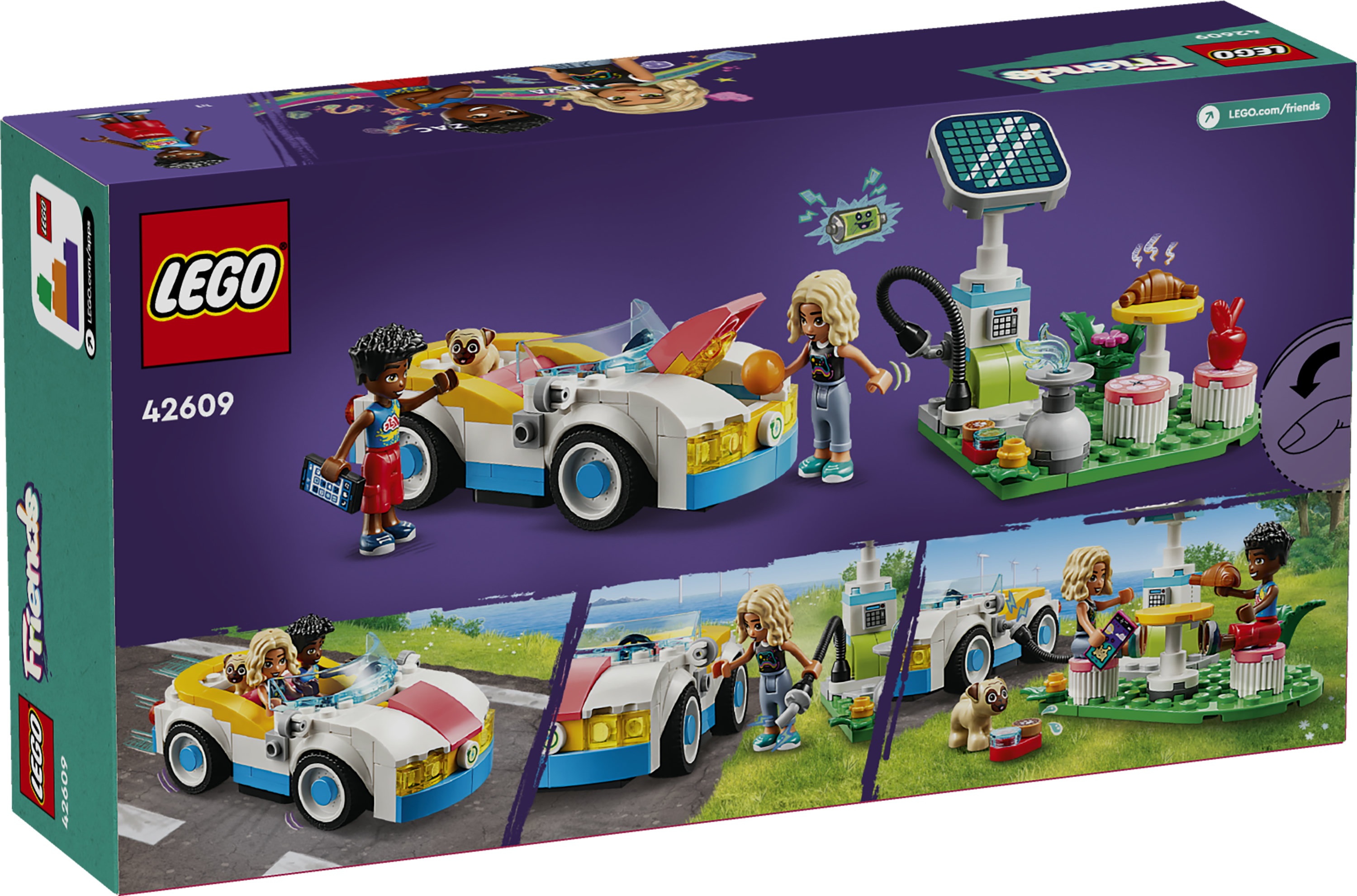 LEGO Friends 42609 Auto Elettrica e Caricabatterie, Giochi per Bambini di 6+ Anni con Macchina Giocattolo e 2 Mini Bamboline