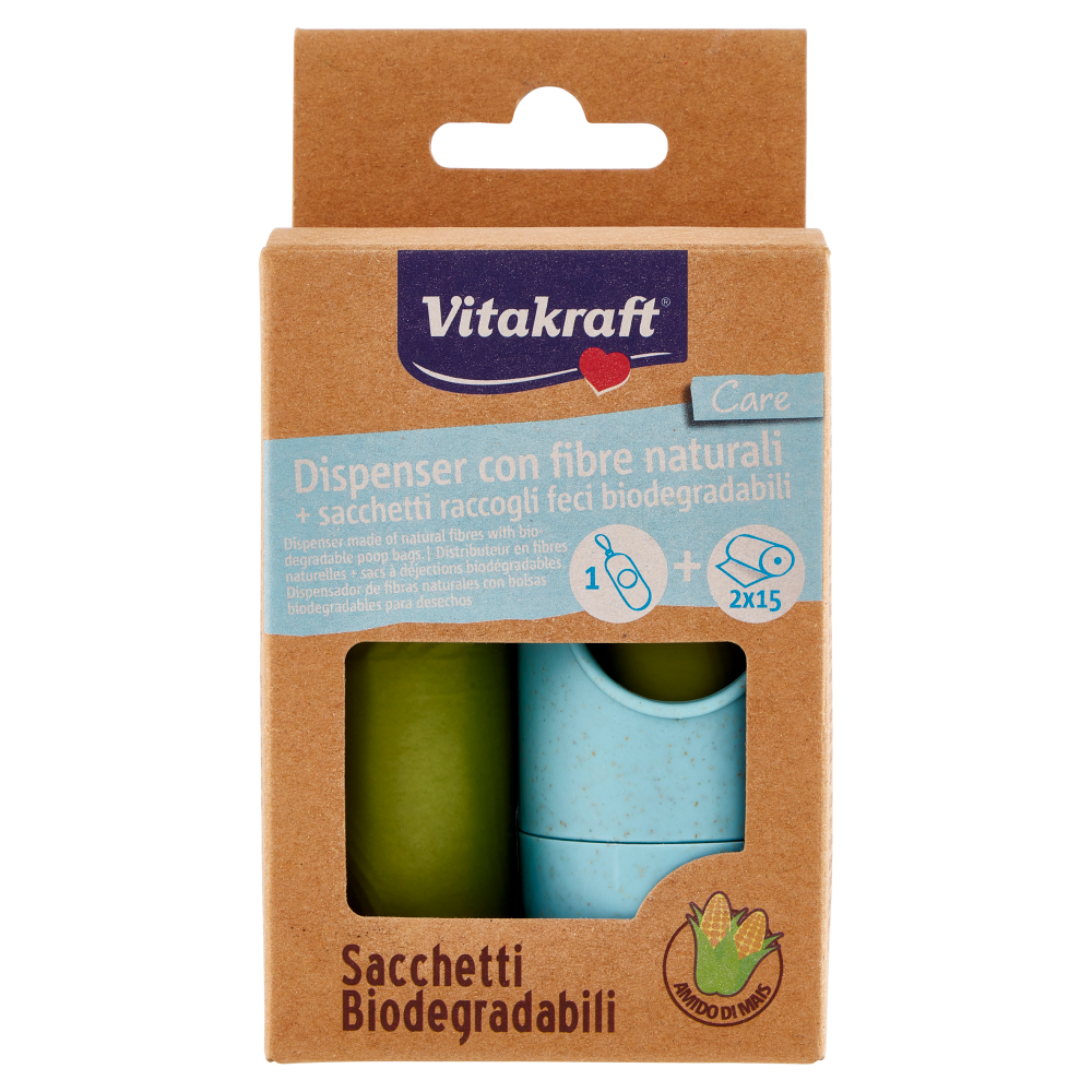 Vitakraft Care Dispenser con fibre naturali + sacchetti raccogli feci biodegradabili 2 x 15 pz